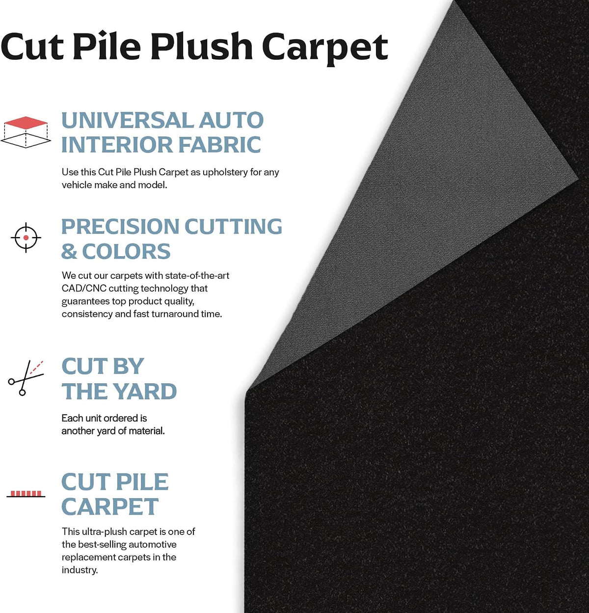 Newark Auto Automotive Cut Pile Plush Carpet, Car Upholstery for Floor Mats, Trunk, Dashboard, Speaker Box, Door Panel, Replacement Carpeting for Vehicle Interior, Truck, 40”W (Black)