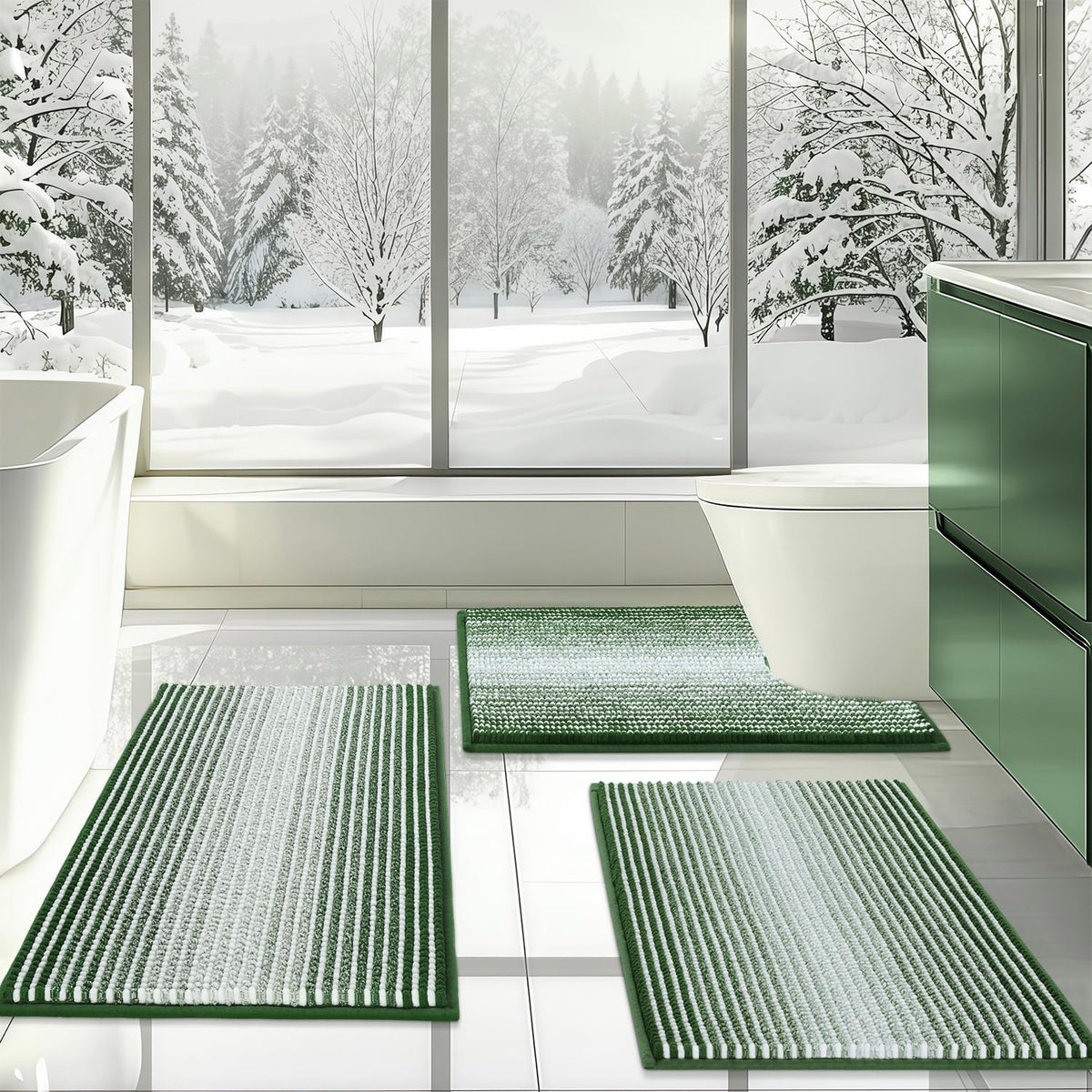 BSICPRO Bathroom Rugs Sets 3 Piece，U-Shaped Toilet Mat Sets，Black and White