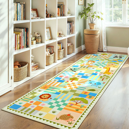 Soft Pink Runner Rug for Girls Bedroom, Washable Non-Slip Hallway Carpet with Cute Colorful Fruit Rainbow Checkered Design, Low Pile Floor Mat