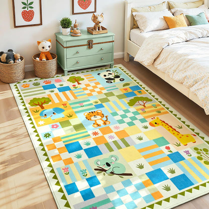 Soft Pink Runner Rug for Girls Bedroom, Washable Non-Slip Hallway Carpet with Cute Colorful Fruit Rainbow Checkered Design, Low Pile Floor Mat