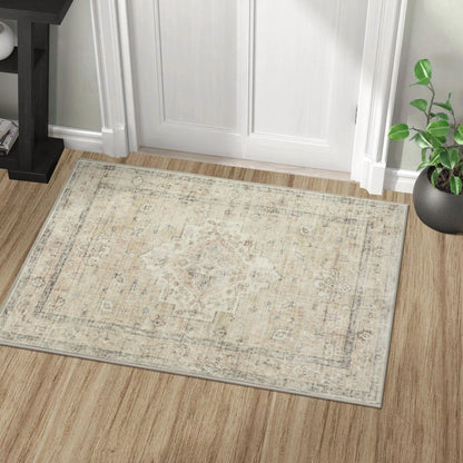 LIVEBOX Washable Area Rug 5x7 Rugs for Living Room Bedroom, Non-Slip Boho Neutral Carpet for Dining Room Office, Low-Pile Farmhouse Soft Carpets for Kids Nursery Room Playroom, Tan