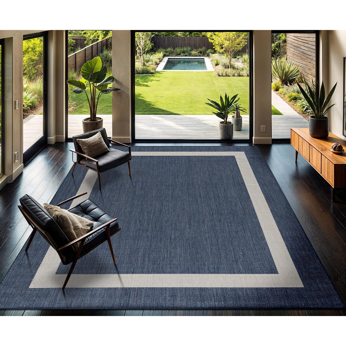 CAMILSON Indoor Outdoor Rug, 6x9 Bordered Dark Grey Black Modern Area Rugs for Indoor and Outdoor Patios, Kitchen and Hallway Mats, Washable Porch Deck Outside Carpet (Bordered Black, 6 x 9)