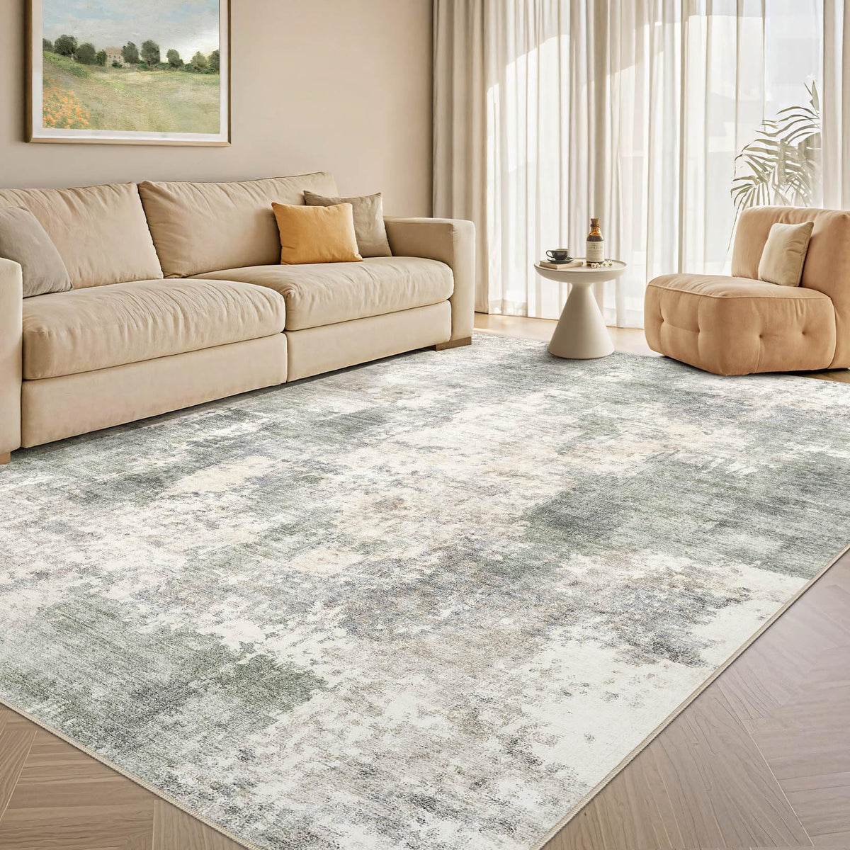 Tortania Washable 8x10 Area Rug for Living Room: Modern Abstract Neutral Large Soft Thin Rugs - Non Slip Indoor Carpet for Bedroom Dining Room Office Nursery Home Floor Decoration - Smoky Gray