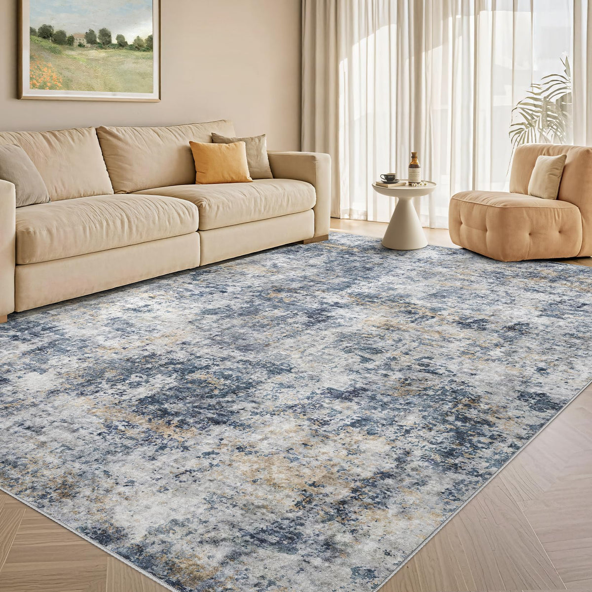 Tortania Washable 8x10 Area Rug for Living Room: Modern Abstract Neutral Large Soft Thin Rugs - Non Slip Indoor Carpet for Bedroom Dining Room Office Nursery Home Floor Decoration - Smoky Gray