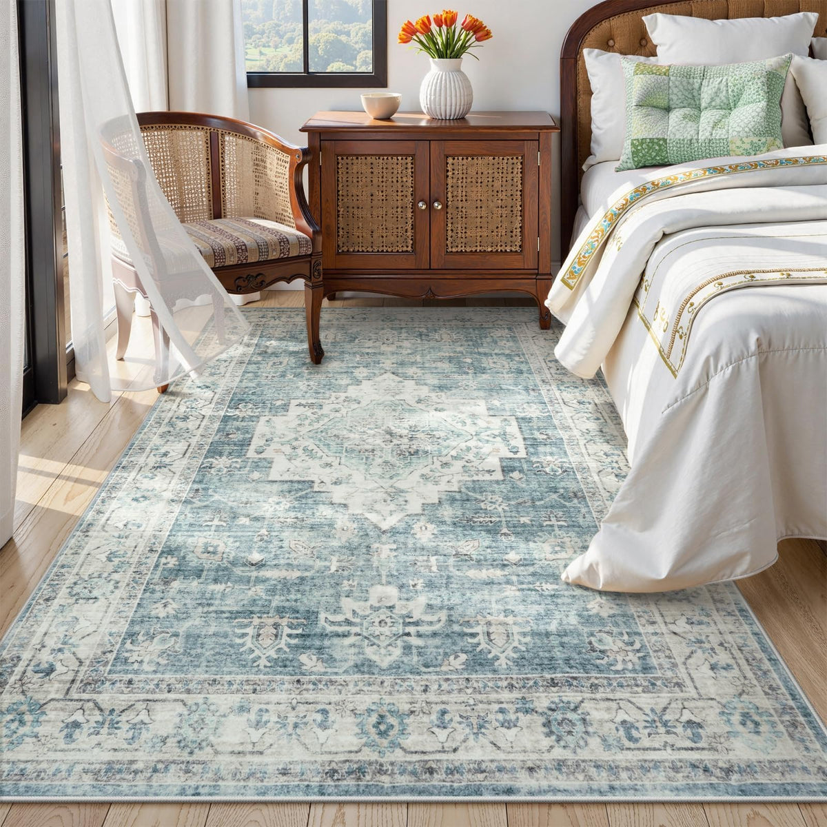 LIVEBOX Washable Area Rug 5x7 Rugs for Living Room Bedroom, Non-Slip Boho Neutral Carpet for Dining Room Office, Low-Pile Farmhouse Soft Carpets for Kids Nursery Room Playroom, Tan