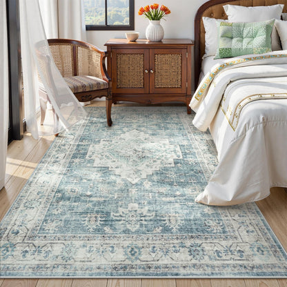 LIVEBOX Washable Area Rug 5x7 Rugs for Living Room Bedroom, Non-Slip Boho Neutral Carpet for Dining Room Office, Low-Pile Farmhouse Soft Carpets for Kids Nursery Room Playroom, Tan