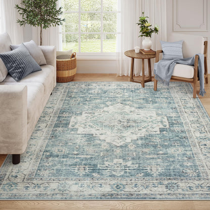 LIVEBOX Washable Area Rug 5x7 Rugs for Living Room Bedroom, Non-Slip Boho Neutral Carpet for Dining Room Office, Low-Pile Farmhouse Soft Carpets for Kids Nursery Room Playroom, Tan