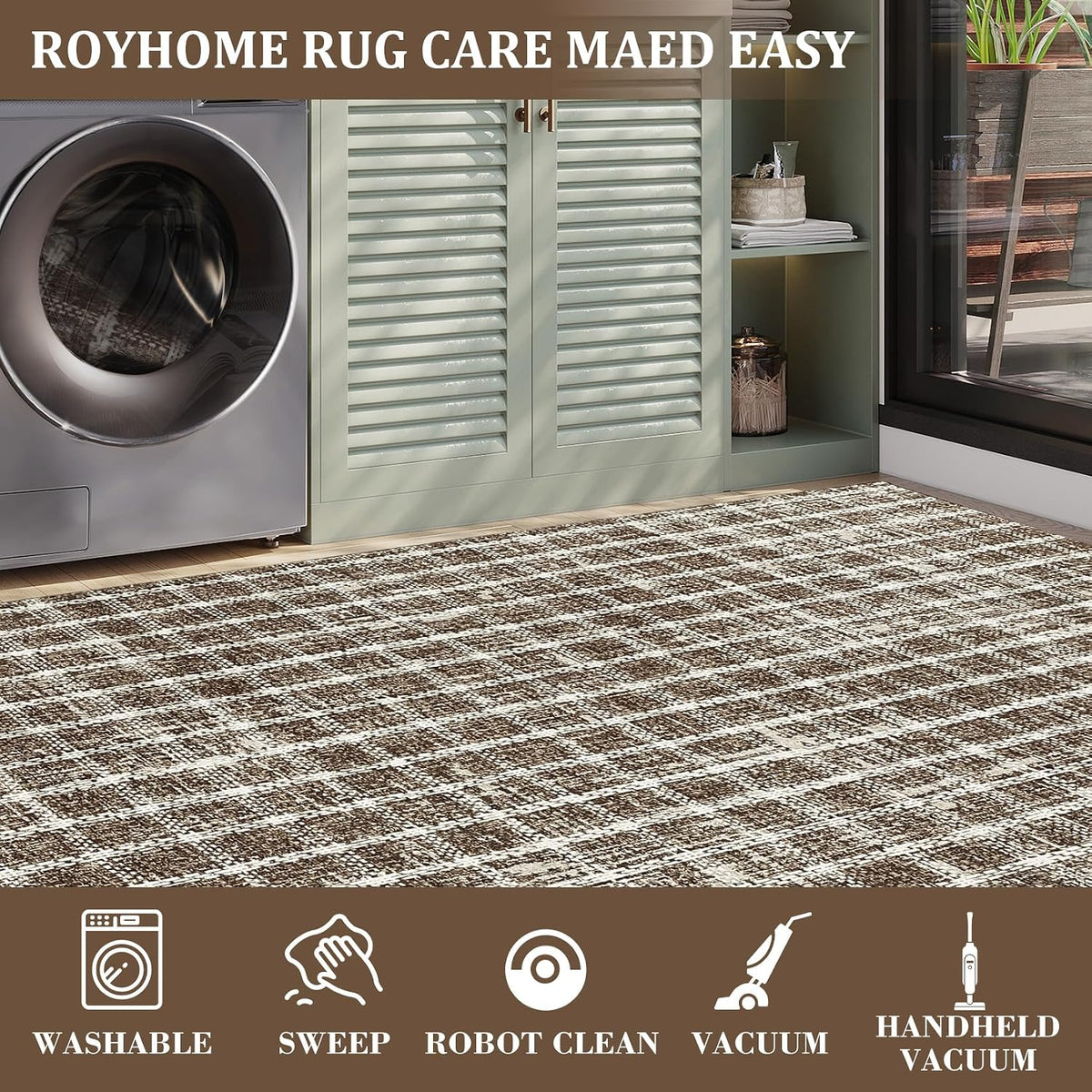 ROYHOME 6x9 Area Rug for Living Room Washable Khaki Brown Checkered Rugs