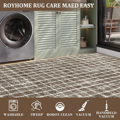 ROYHOME 6x9 Area Rug for Living Room Washable Khaki Brown Checkered Rugs