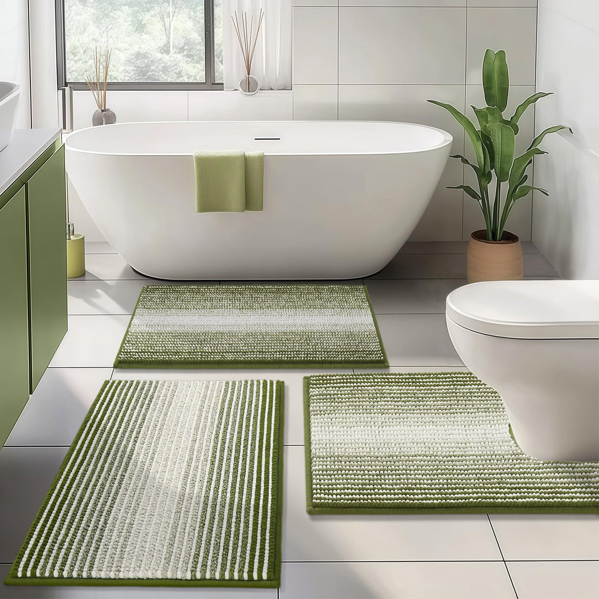 BSICPRO Bathroom Rugs Sets 3 Piece，U-Shaped Toilet Mat Sets，Black and White