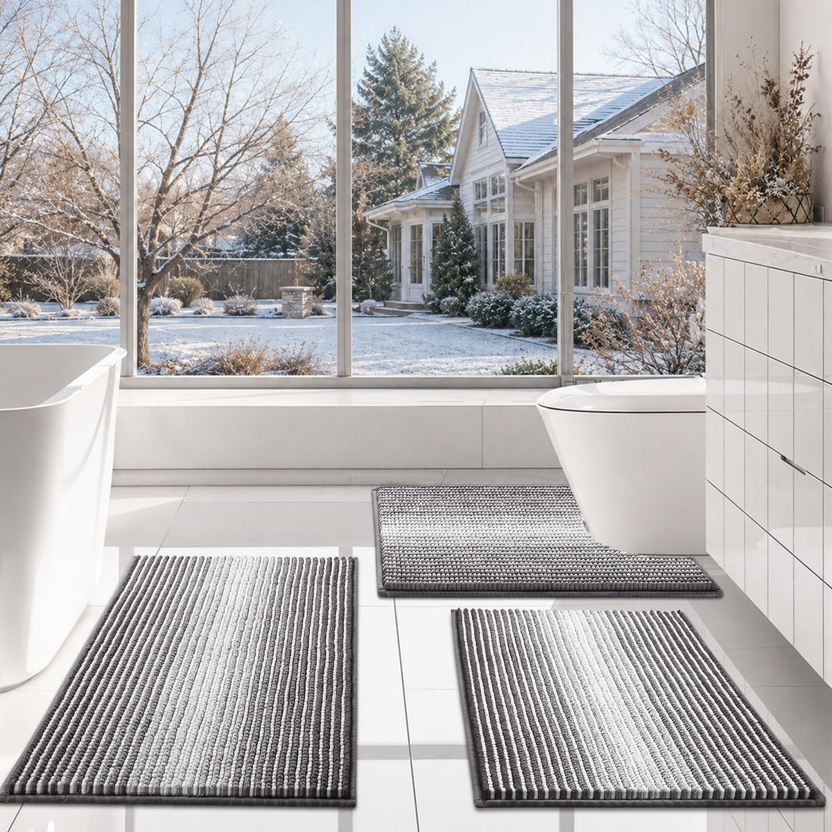 BSICPRO Bathroom Rugs Sets 3 Piece，U-Shaped Toilet Mat Sets，Black and White