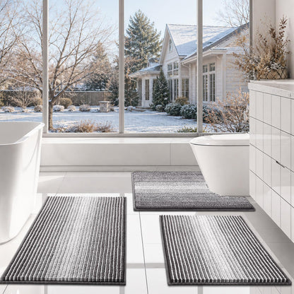 BSICPRO Bathroom Rugs Sets 3 Piece，U-Shaped Toilet Mat Sets，Black and White