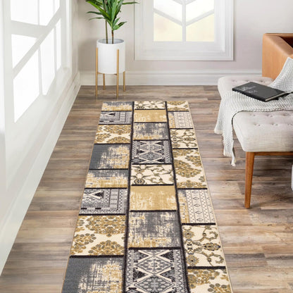 Kapaqua Custom Size Grey Ivory Bordered Rubber Backed Non-Slip Hallway Stair Runner Rug Carpet 31 inch Wide Choose Your Length 31in X 11ft