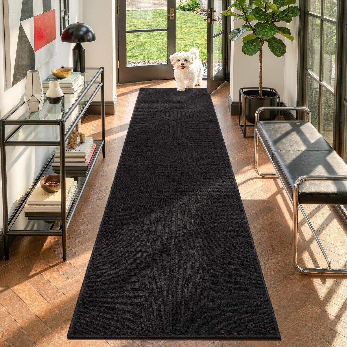 Findosom Hallway Runner Rug 2x6, Non Slip High-Low Textured Floral Washable Runner Rug with Rubber Backing, Boho Carpet Runner for Kitchen, Entryway, Bedroom, Laundry, Black & Beige