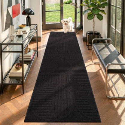 Findosom Hallway Runner Rug 2x6, Non Slip High-Low Textured Floral Washable Runner Rug with Rubber Backing, Boho Carpet Runner for Kitchen, Entryway, Bedroom, Laundry, Black & Beige