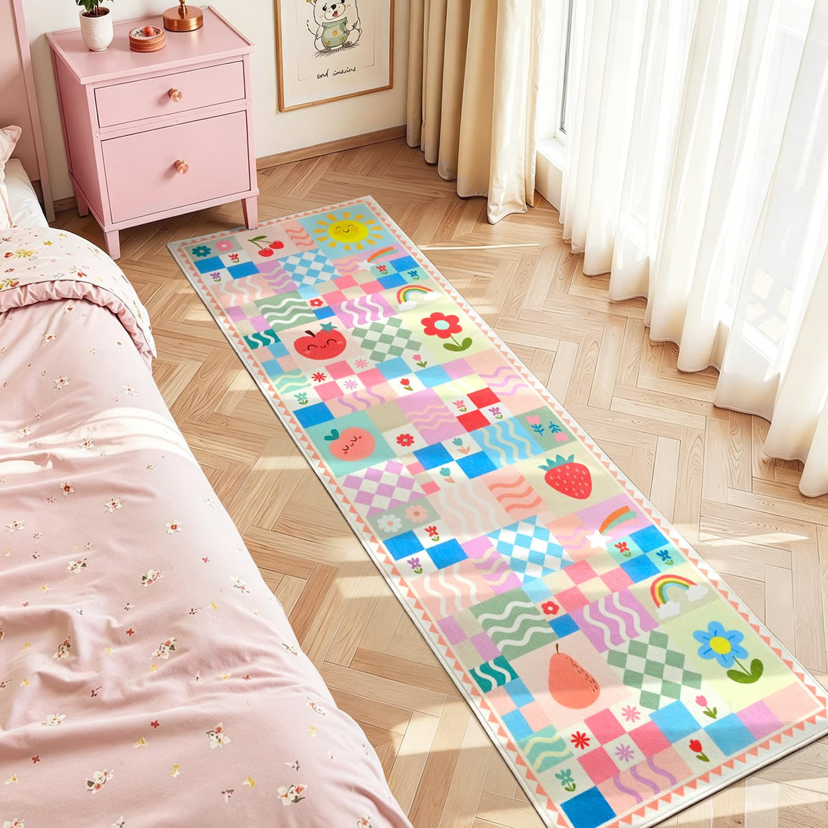 Soft Pink Runner Rug for Girls Bedroom, Washable Non-Slip Hallway Carpet with Cute Colorful Fruit Rainbow Checkered Design, Low Pile Floor Mat