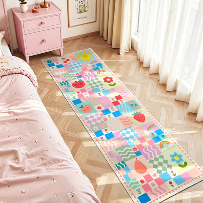 Soft Pink Runner Rug for Girls Bedroom, Washable Non-Slip Hallway Carpet with Cute Colorful Fruit Rainbow Checkered Design, Low Pile Floor Mat