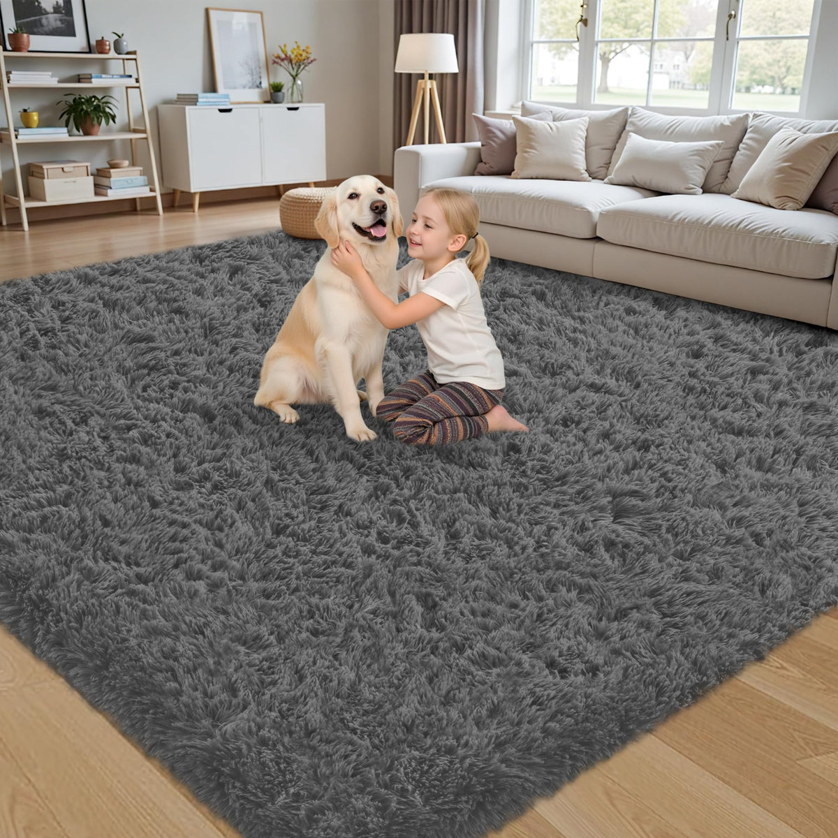 8x10 Area Rug for Living Room,Black Fluffy Shag Non-Slip Bedroom Rugs