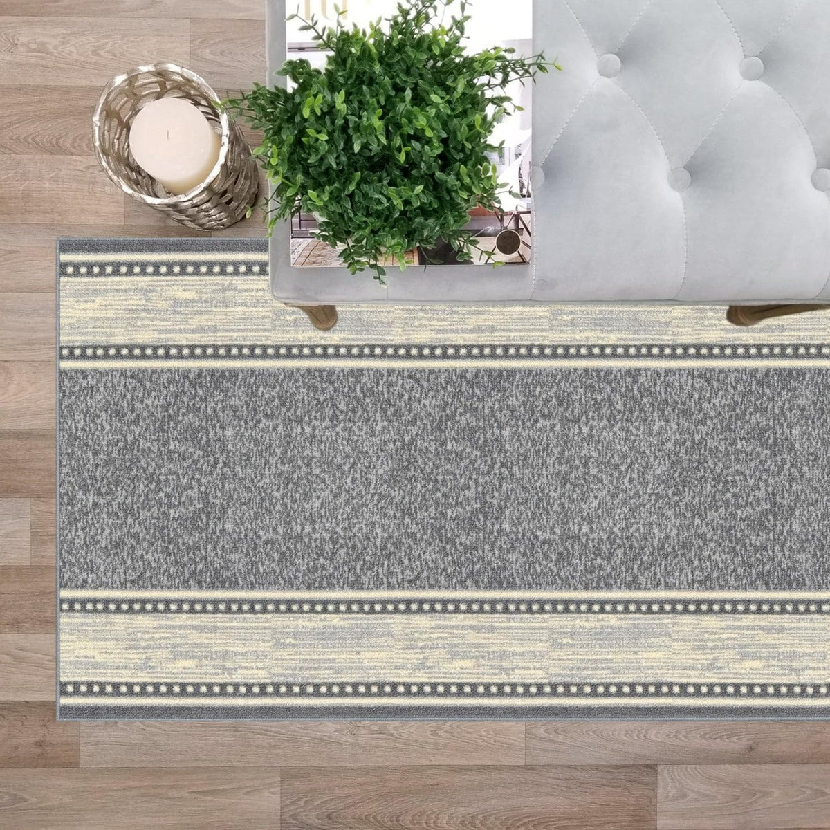 Kapaqua Custom Size Grey Ivory Bordered Rubber Backed Non-Slip Hallway Stair Runner Rug Carpet 31 inch Wide Choose Your Length 31in X 11ft