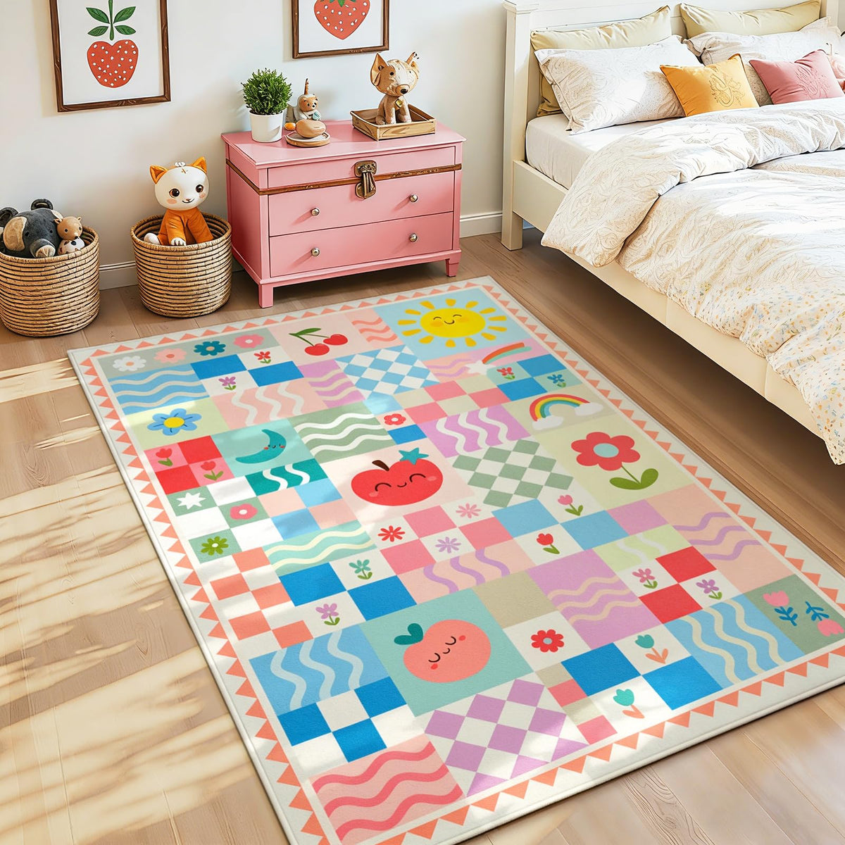 Soft Pink Runner Rug for Girls Bedroom, Washable Non-Slip Hallway Carpet with Cute Colorful Fruit Rainbow Checkered Design, Low Pile Floor Mat