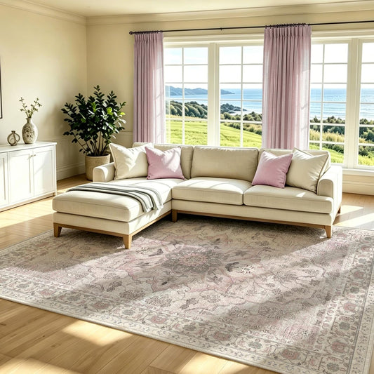 8x10 Washable Area Rug - Vintage Soft Thin Large Rugs for Living Room Non-Slip All Hard Floors Low Pile Vintage Boho Carpet for Bedroom Dining Room Upgrade Room Vibe Indoor(Pink Cream,8x10)