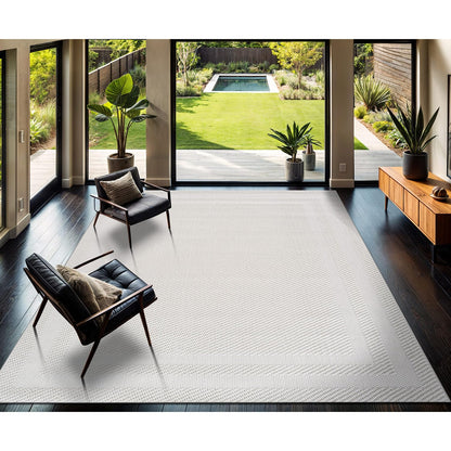 CAMILSON Micro Loop Rug 5x7 Modern Luxury Bordered Area Rugs Soft High and Low Pile Stain Resistant Easy-Cleaning Non-Shedding for Living Room Office Indoor Carpet (5 x 7 / White)