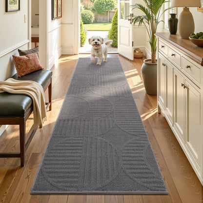 Findosom Hallway Runner Rug 2x6, Non Slip High-Low Textured Floral Washable Runner Rug with Rubber Backing, Boho Carpet Runner for Kitchen, Entryway, Bedroom, Laundry, Black & Beige