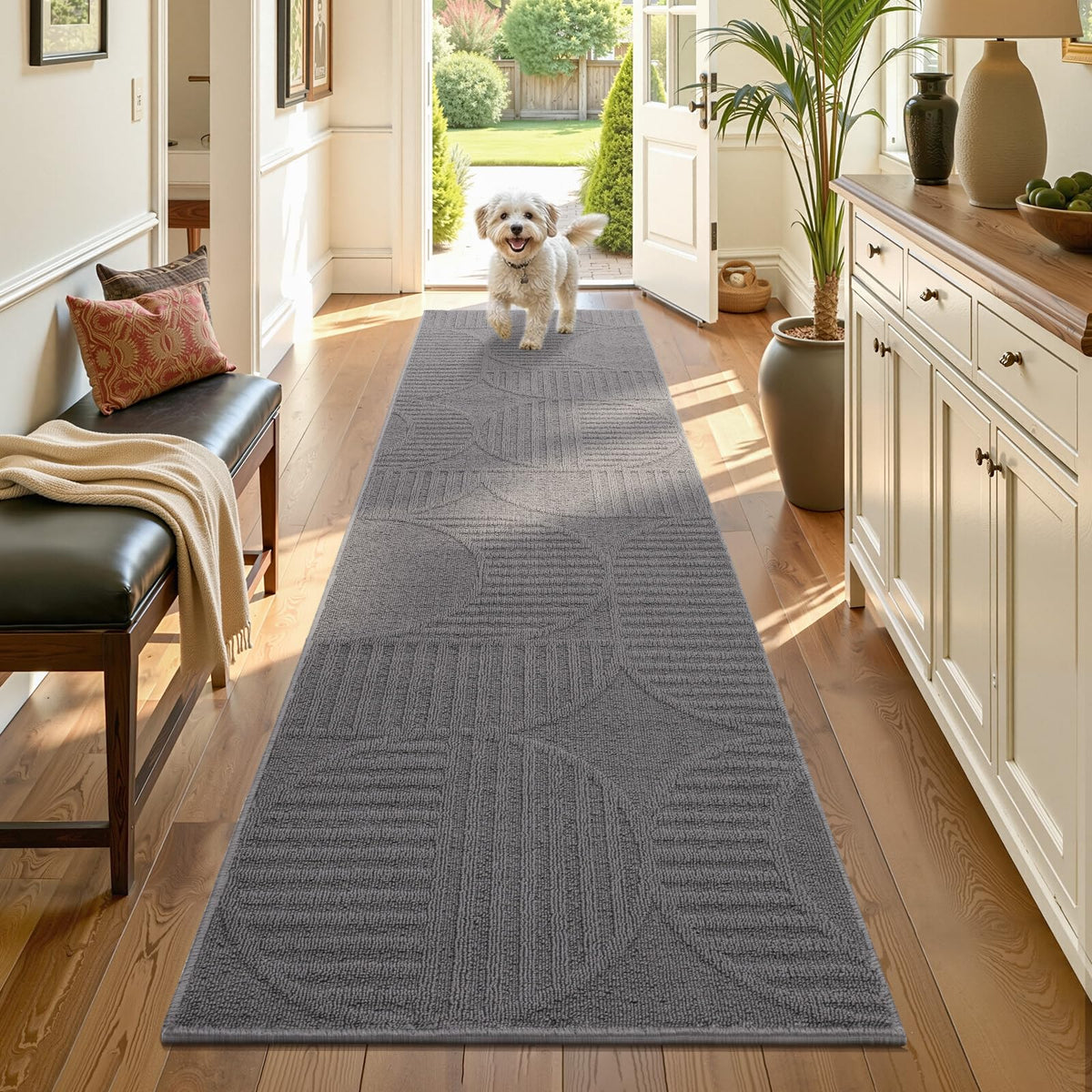 Findosom Hallway Runner Rug 2x6, Non Slip High-Low Textured Floral Washable Runner Rug with Rubber Backing, Boho Carpet Runner for Kitchen, Entryway, Bedroom, Laundry, Black & Beige