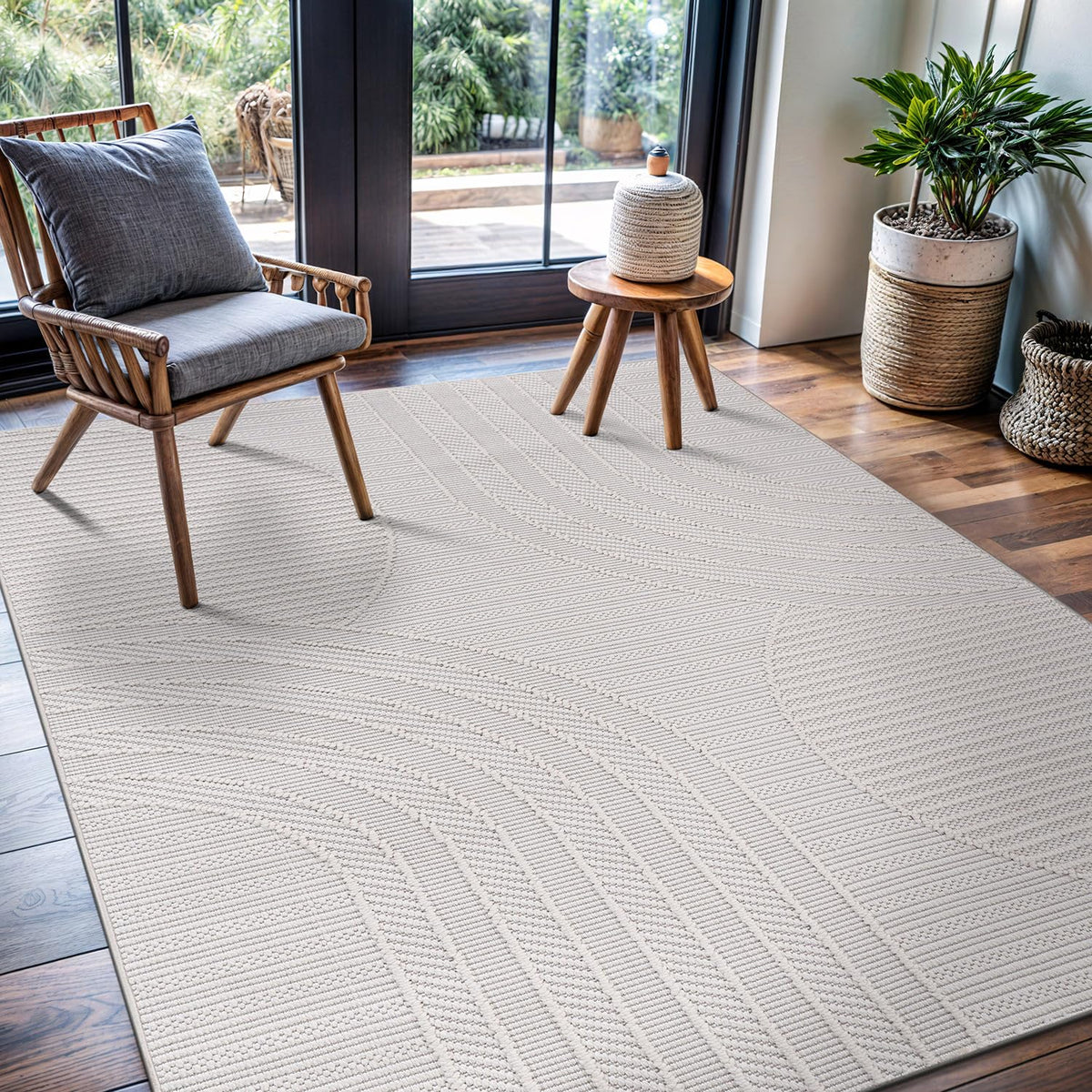 CAMILSON Modern Rug 6x9 Luxury Geometric Pattern Micro Loop Area Rugs Soft High and Low Pile Stain Resistant Easy to Clean Non-Shedding Durable Living Room Office Indoor Carpet (White/Black)