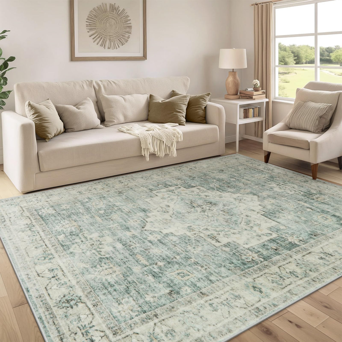 LIVEBOX Washable Area Rug 5x7 Rugs for Living Room Bedroom, Non-Slip Boho Neutral Carpet for Dining Room Office, Low-Pile Farmhouse Soft Carpets for Kids Nursery Room Playroom, Tan