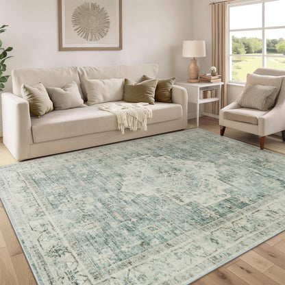 LIVEBOX Washable Area Rug 5x7 Rugs for Living Room Bedroom, Non-Slip Boho Neutral Carpet for Dining Room Office, Low-Pile Farmhouse Soft Carpets for Kids Nursery Room Playroom, Tan