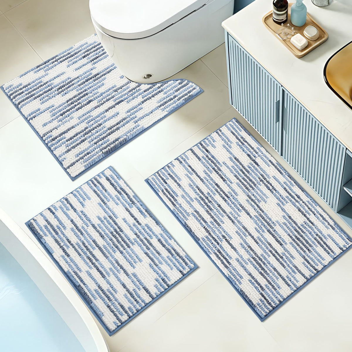 BSICPRO Bathroom Rugs Sets 3 Piece，U-Shaped Toilet Mat Sets，Black and White