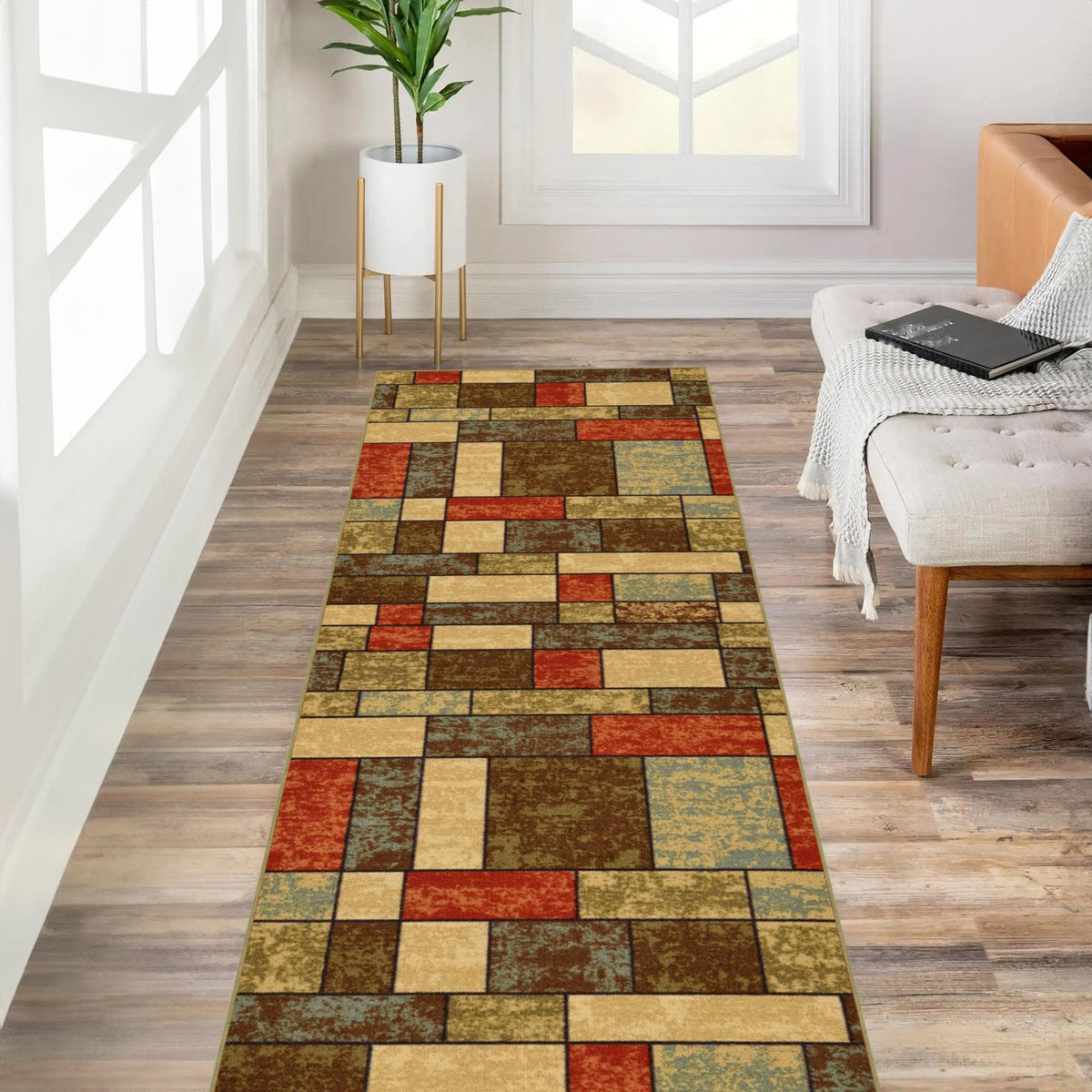 Kapaqua Custom Size Grey Ivory Bordered Rubber Backed Non-Slip Hallway Stair Runner Rug Carpet 31 inch Wide Choose Your Length 31in X 11ft