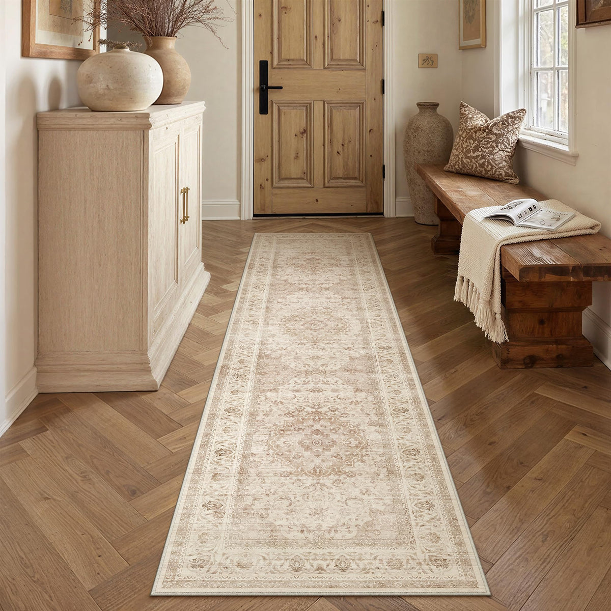 8x10 Washable Area Rug Beige Grey Non Slip Vintage Carpet