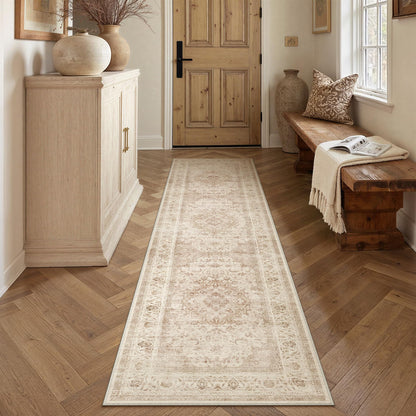 8x10 Washable Area Rug Beige Grey Non Slip Vintage Carpet