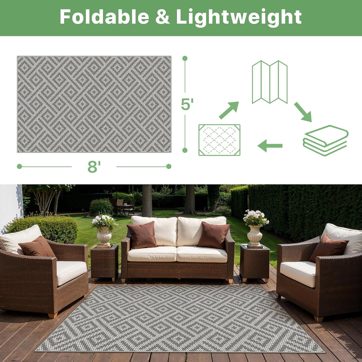 GENIMO Outdoor Rug, Waterproof Plastic Rugs for Patio, 5'x8' Cloud Grey