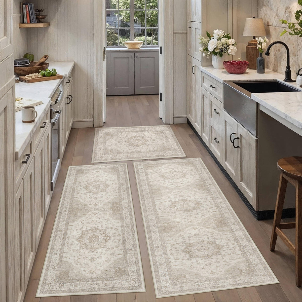 HUGEAR 3-Piece Grey Neutral Kitchen Rug Set