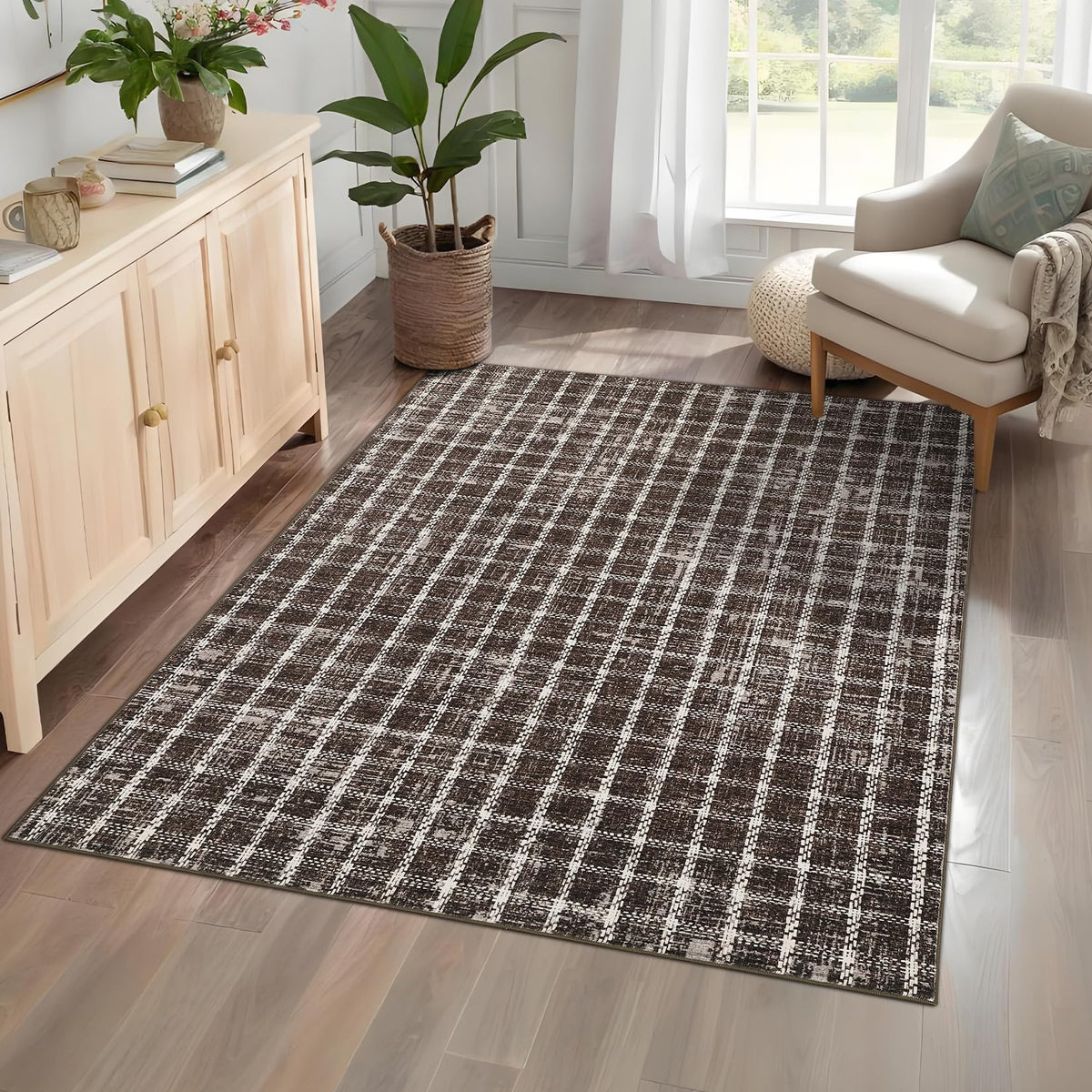 ROYHOME 6x9 Area Rug for Living Room Washable Khaki Brown Checkered Rugs