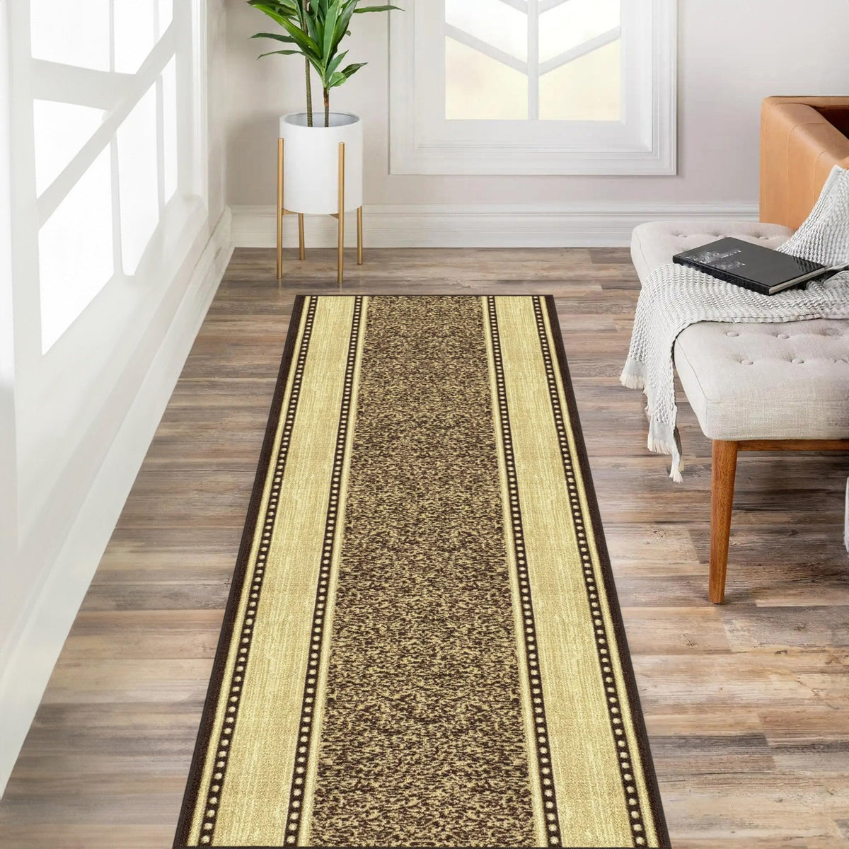 Kapaqua Custom Size Grey Ivory Bordered Rubber Backed Non-Slip Hallway Stair Runner Rug Carpet 31 inch Wide Choose Your Length 31in X 11ft