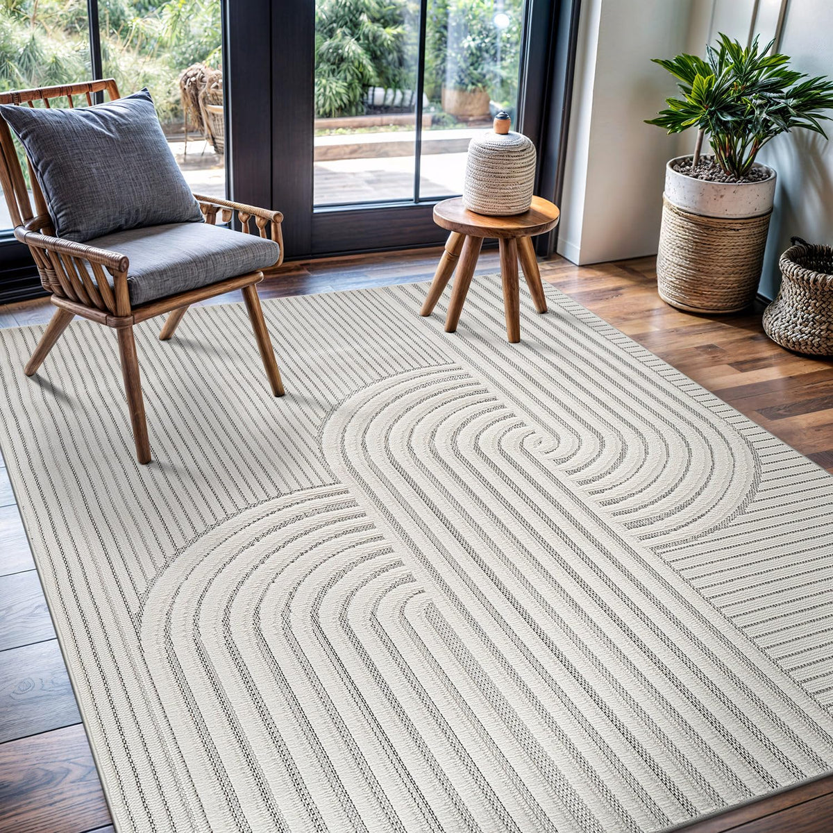 CAMILSON Micro Loop Rug 5x7 Modern Luxury Bordered Area Rugs Soft High and Low Pile Stain Resistant Easy-Cleaning Non-Shedding for Living Room Office Indoor Carpet (5 x 7 / White)
