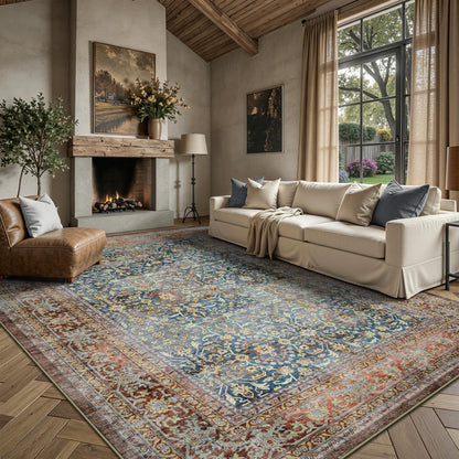 8x10 Area Rugs for Living Room - Washable Vintage Retro Large Rug, Soft Ultra Thin Non Slip Low Pile Traditional Distressed Boho Carpet for Bedroom Dining Room Home Office, Rust Clay