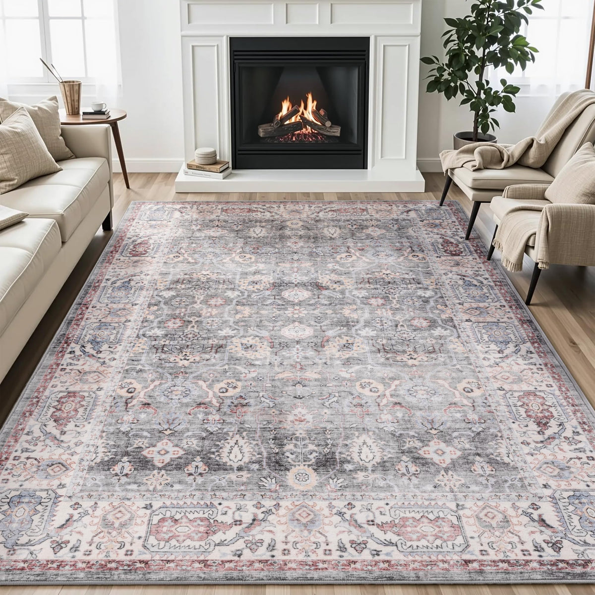 Carvapet Washable 3x5 Area Rug Orange Blue Vintage Floral Carpet