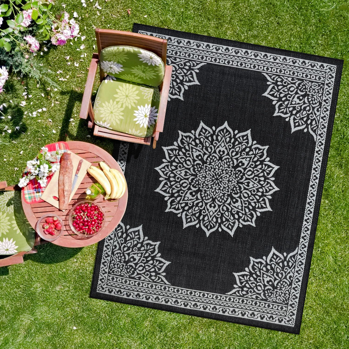 CAMILSON Indoor Outdoor Rug, 6x9 Bordered Dark Grey Black Modern Area Rugs for Indoor and Outdoor Patios, Kitchen and Hallway Mats, Washable Porch Deck Outside Carpet (Bordered Black, 6 x 9)