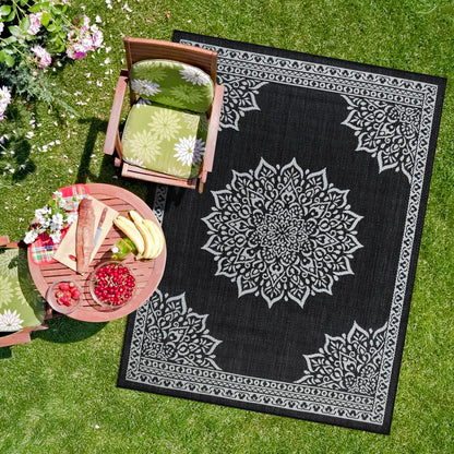 CAMILSON Indoor Outdoor Rug, 6x9 Bordered Dark Grey Black Modern Area Rugs for Indoor and Outdoor Patios, Kitchen and Hallway Mats, Washable Porch Deck Outside Carpet (Bordered Black, 6 x 9)