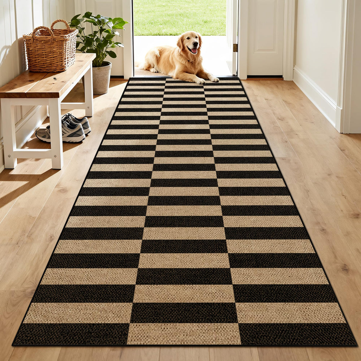 Washable 8x10 Black Striped Easy Jute Indoor Outdoor Rug for Living Room