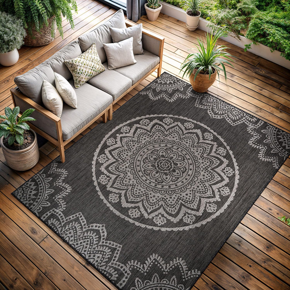 CAMILSON Outdoor Rug 5x7 Modern Area Rugs for Indoor and Outdoor Patios and Porches - Waterproof, Washable, Non-Shedding, Easy-to-Clean Outside Carpet (5 x 7, Medallion - Beige/White)