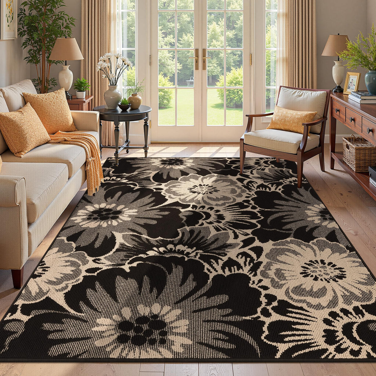 Findosom Hallway Runner Rug 2x6, Non Slip High-Low Textured Floral Washable Runner Rug with Rubber Backing, Boho Carpet Runner for Kitchen, Entryway, Bedroom, Laundry, Black & Beige