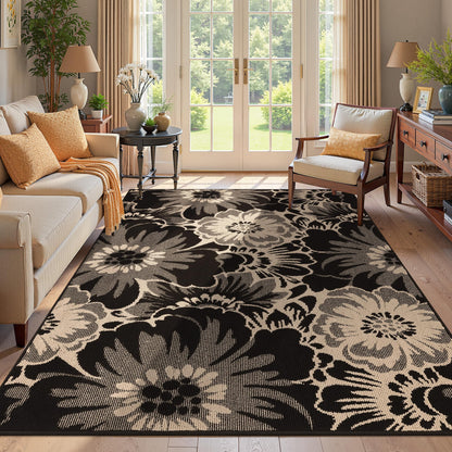 Findosom Hallway Runner Rug 2x6, Non Slip High-Low Textured Floral Washable Runner Rug with Rubber Backing, Boho Carpet Runner for Kitchen, Entryway, Bedroom, Laundry, Black & Beige