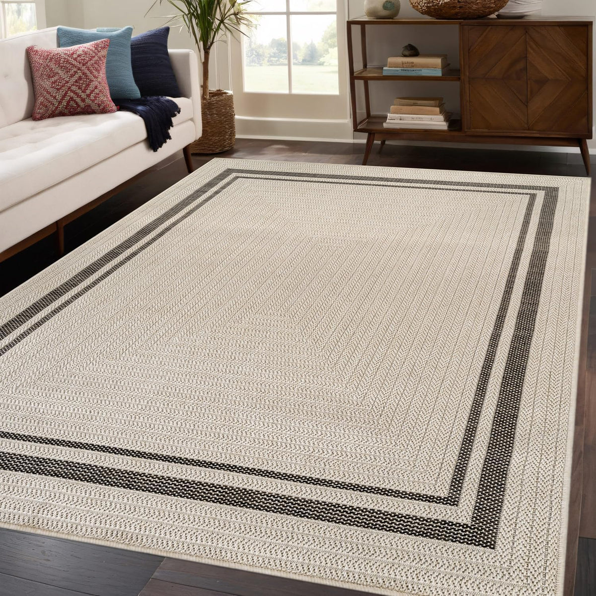 Beverly Rug Easy Jute Bordered Rug 10x14 Washable Large Indoor Outdoor Area Rugs for Living Dining Room Patio Office Stain Resistant Non Shedding Casual Indoor Outside Carpet 10 x 14 Off-White