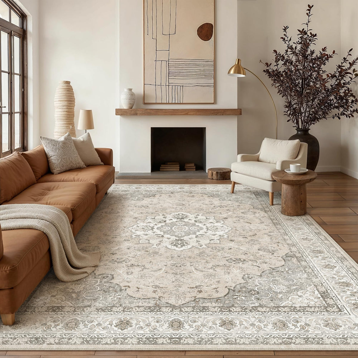 8x10 Washable Area Rug Beige Grey Non Slip Vintage Carpet